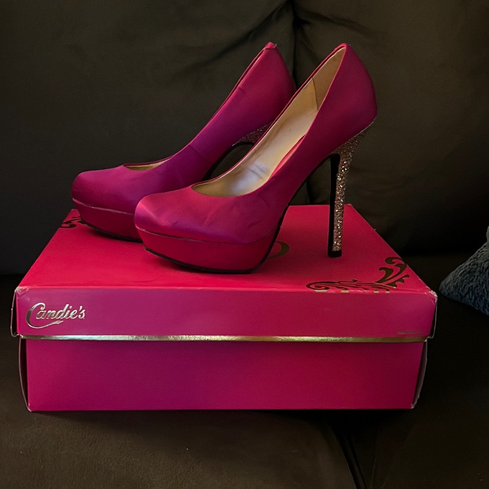 Fuchsia and silver glitter platform heels